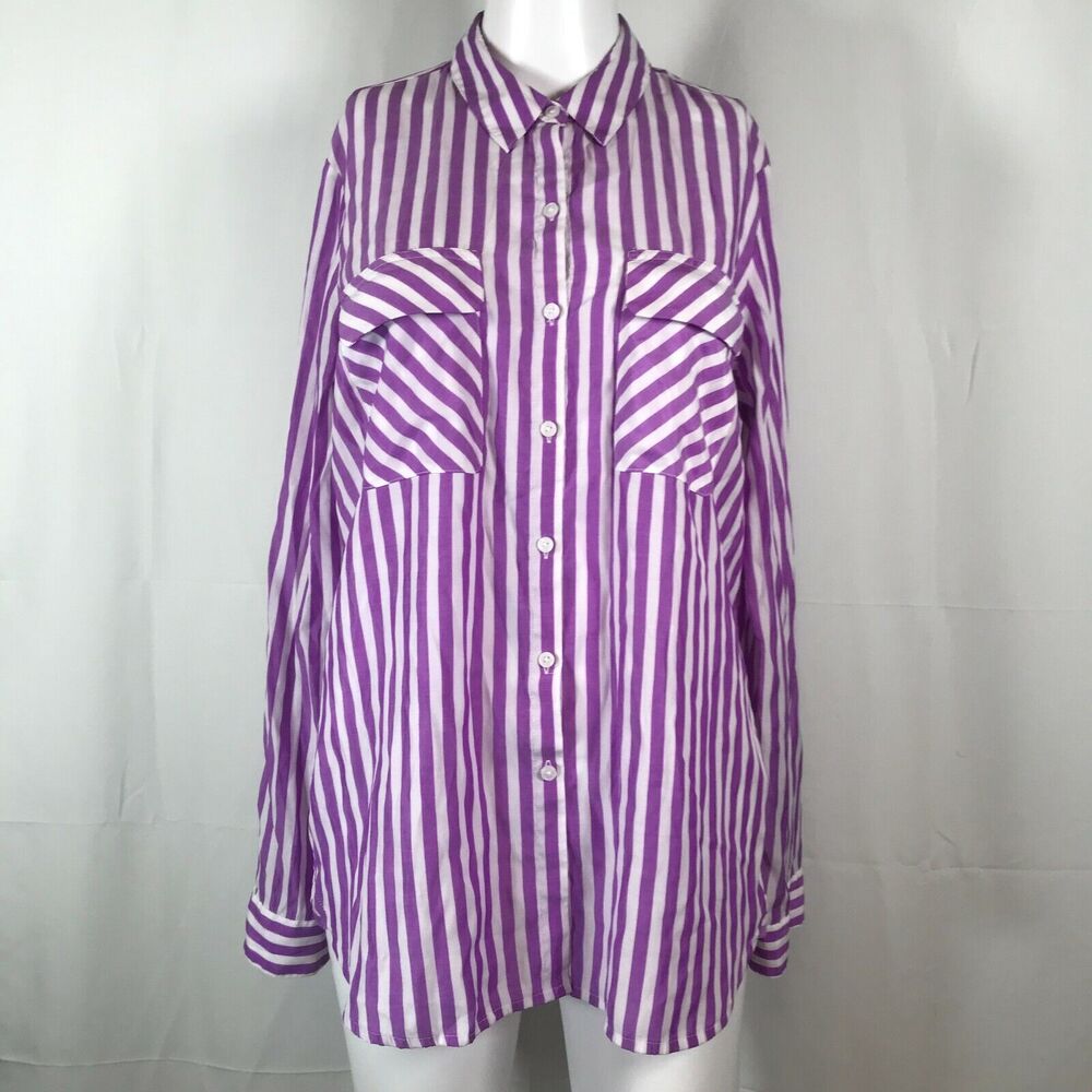 Express Purple and White Striped Button Down Shirt